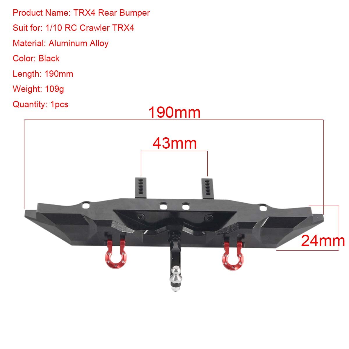 Aluminum Rear Bumper with Trailer Hitch for 1/10 Traxxas TRX4 RC Crawler Upgrade Parts (Black)