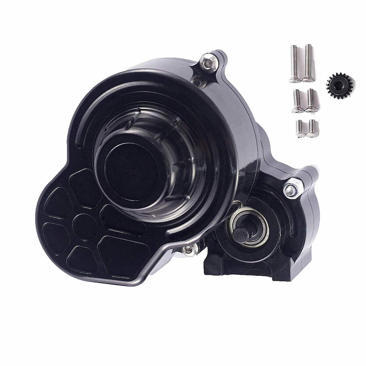 Black plastic mechanical housing component with mounting hardware