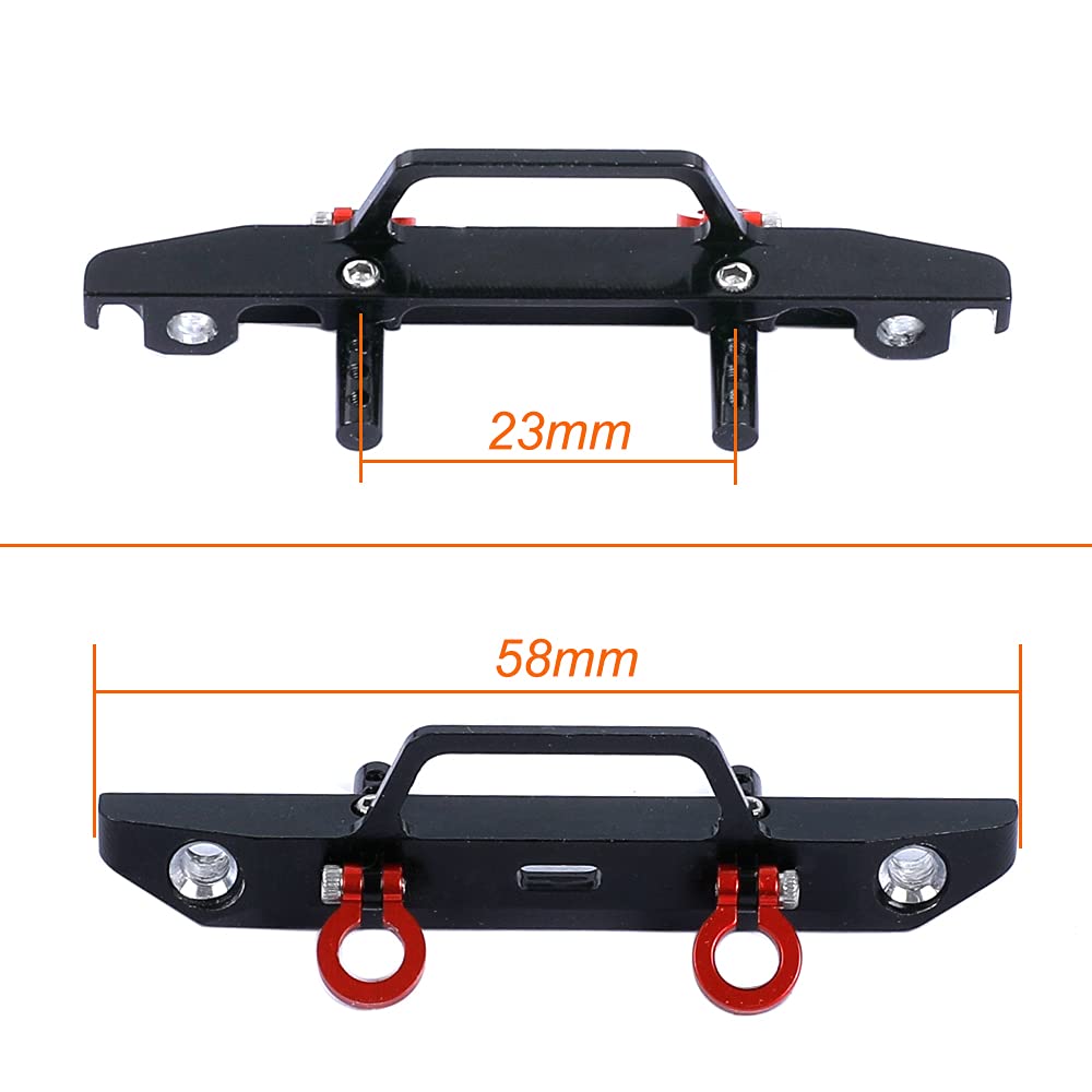 Black vehicle bumper with red hooks and measurements on a white background